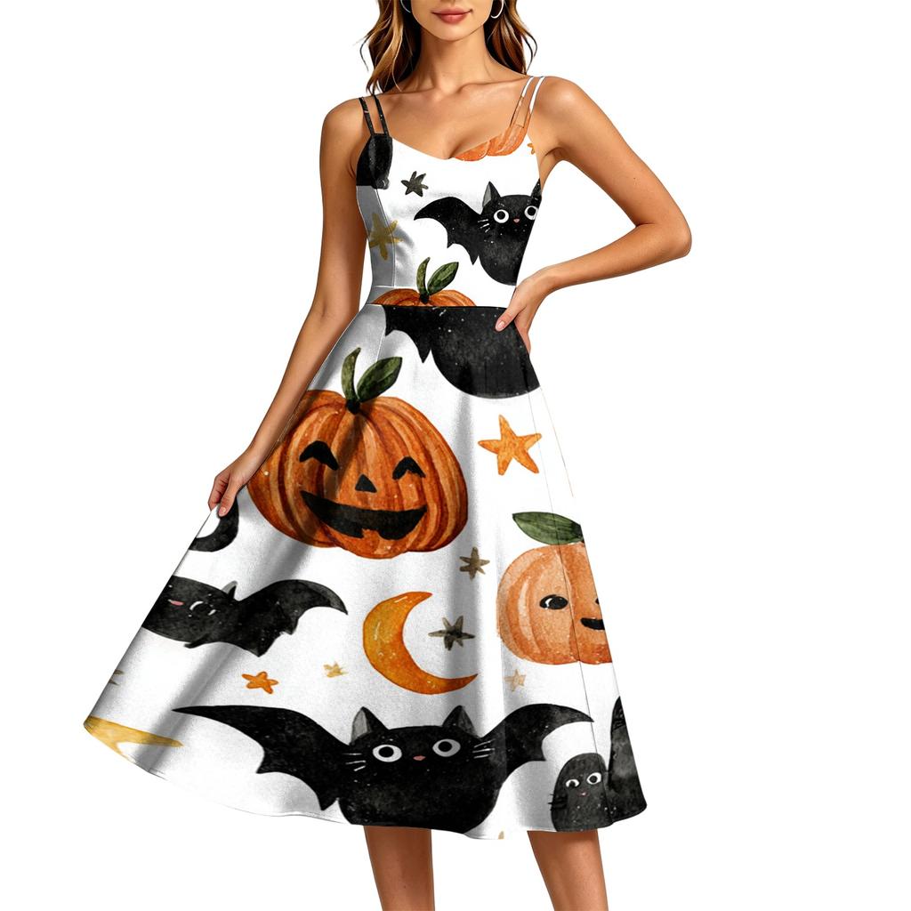 Women's Casual Round Neck Sleeveless Dress with Halloween Print for Party and Daily Wear