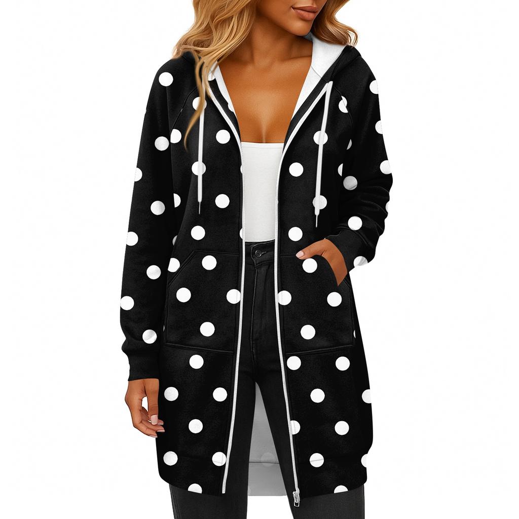 Women's Fashionable Printed  Long Sleeved Drawstring Hooded Zipper Pocket Long Casual Sweatshirt Jacket