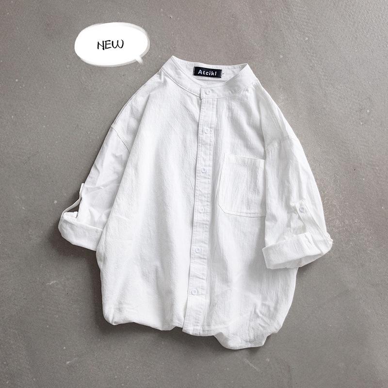 

Мужская модная рубашка в корейском стиле с воротником-стойкой, черно-белая, рукав три четверти, повседневная куртка с длинными рукавами M белый