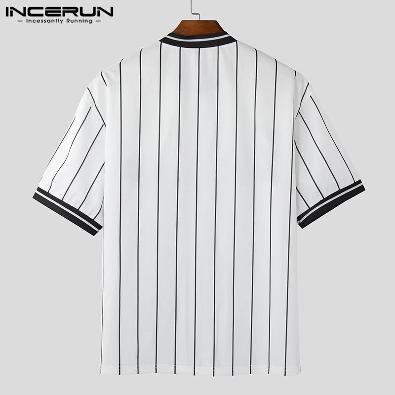 INCERUN Men Collarless Striped Short Sleeve Buttons T-shirts Stitching Summer Tops