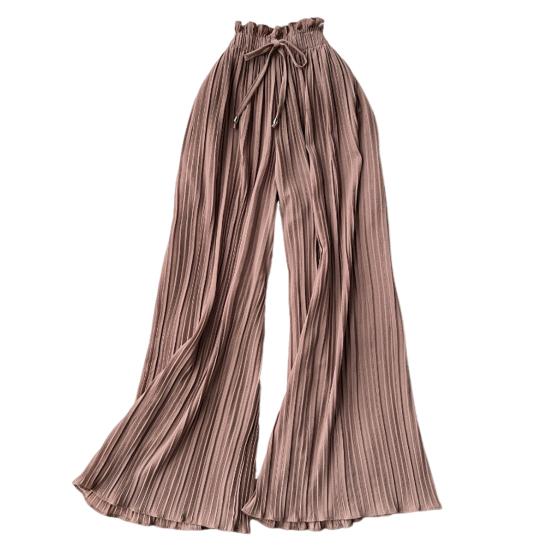 Women Pants Elastic Adjustable Drawstring Leg Trousers Pleated Style Wide High Waist Solid Color Casual Pants