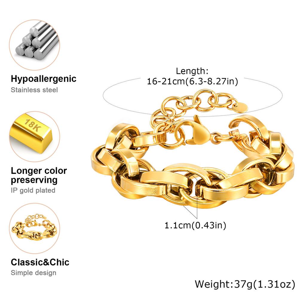 Chunky Chain Bracelet Stainlesss Steel, Bold Link Metal Twist Statement Bracelet for Women,18k Gold Plated Jewelry