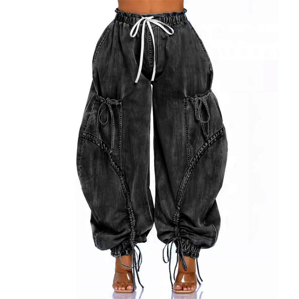Sexy Wide Leg Jeans with Lacing Cargo Pants Women High-waisted Elegant Streetwear Denim Loose Trousers