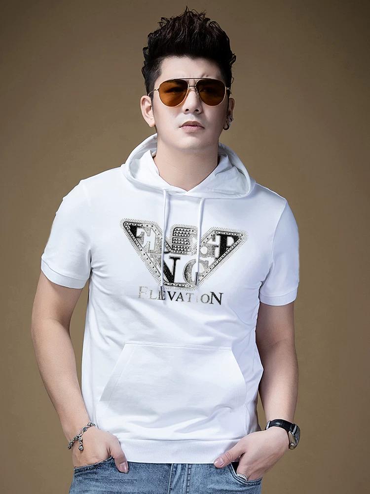 

European Summer Hooded Short-Sleeve T-Shirt for Men 2025 New Trendy Brand High-End Rhinestone Slim-Fit Top M чёрный