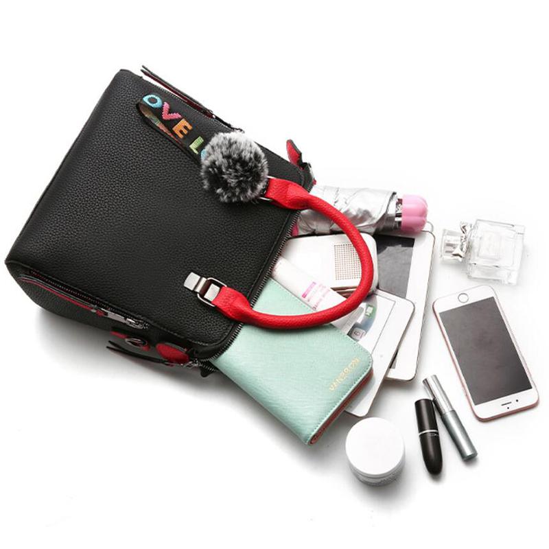 PU Leather Women Messenger Bag Fur Ball Crossbody Flap Bag Female Shoulder Bag Solid Color Handbags