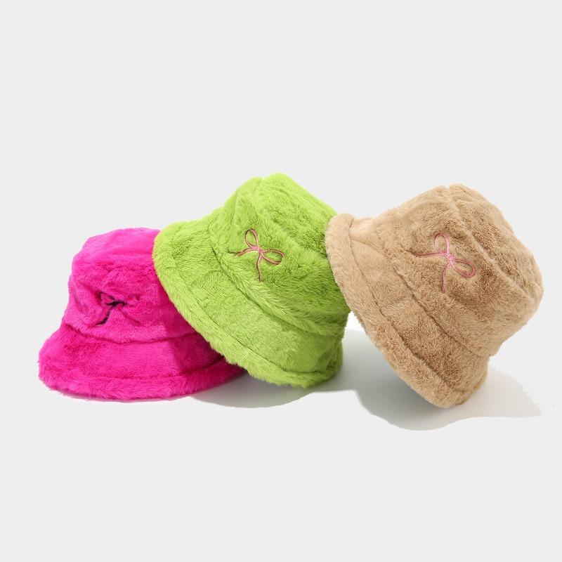Women S Bow Embroidered Plush Bucket Hat Winter Outdoor Fashion Sun Hat
