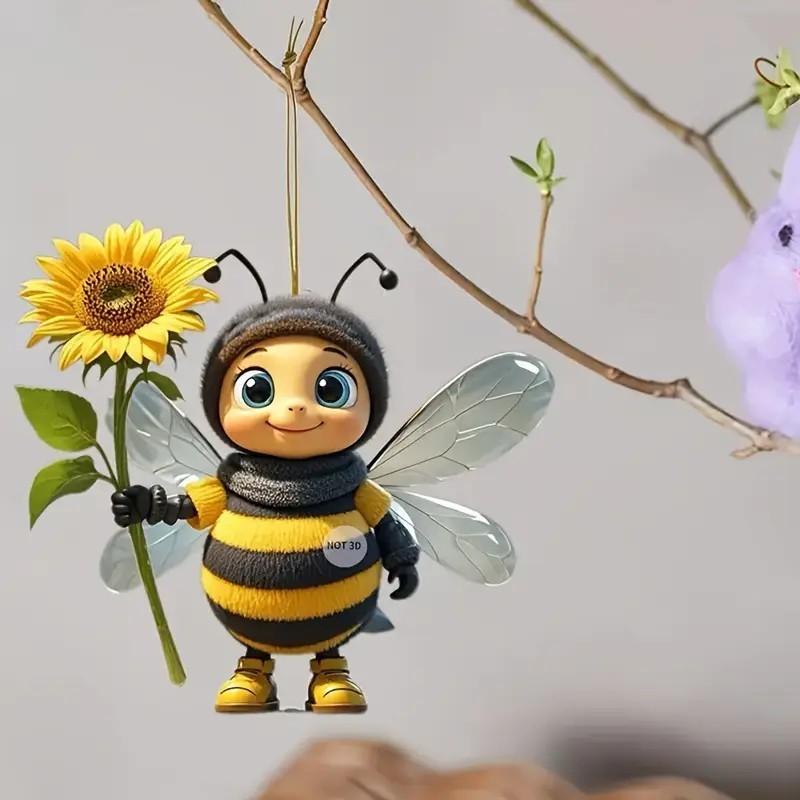 Flat Surface Acrylic Pendant With Cartoon Bee Holding Sunflower Design Decor For