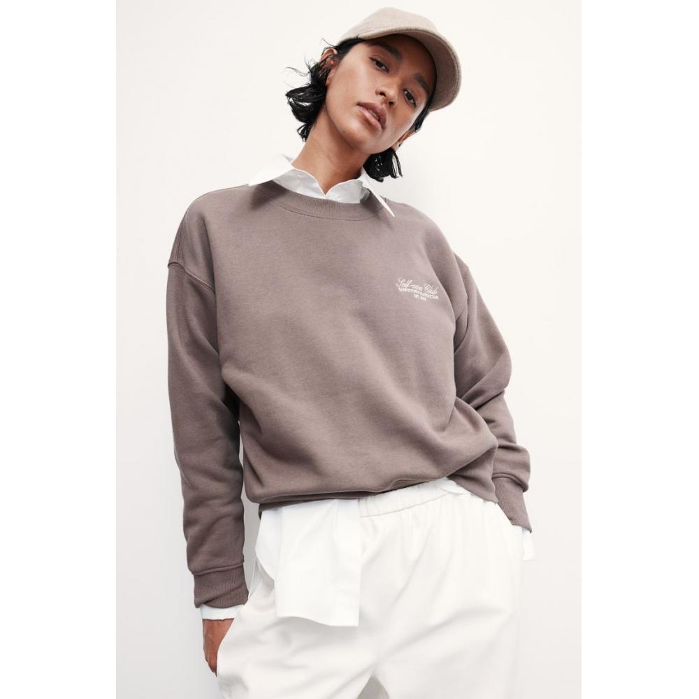 

H M Lettering Detail Sweatshirt Taupe Self Care Club