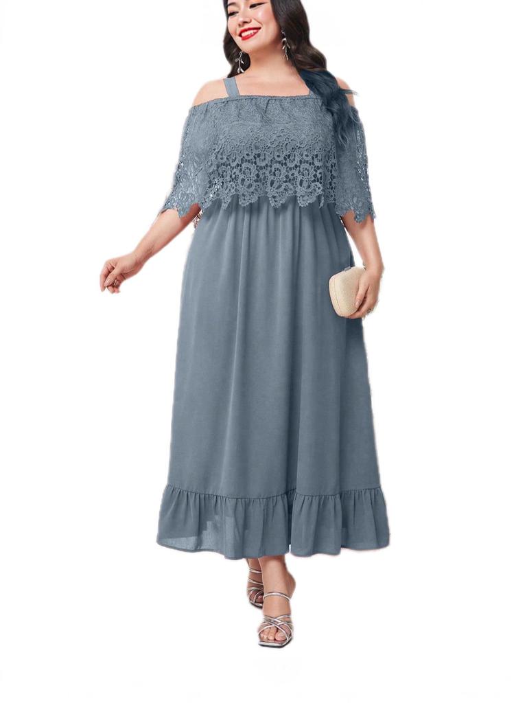 Elegant Off-Shoulder Plus Size Lace Trim Dress
