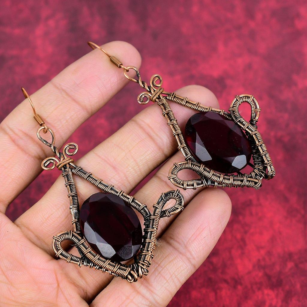 Faceted mozambique garnet earring copper wire wrapped earring handmade gemstone earrings copper jewelry healing stone earring gifts for her