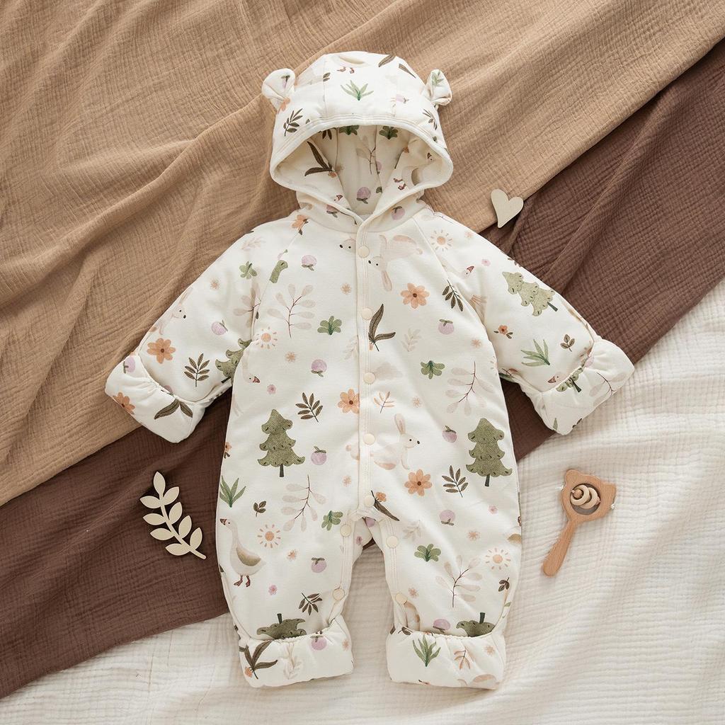 Newborn Winter Jumpsuit with Jacket, Hand & Foot Covers (0-6 Months) - Warm, Thickened Baby Outfit for Outdoor Use