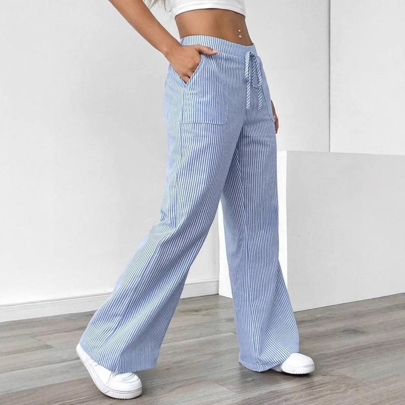 European Style Striped Casual Fashion Loose Fit Wide Leg Pants