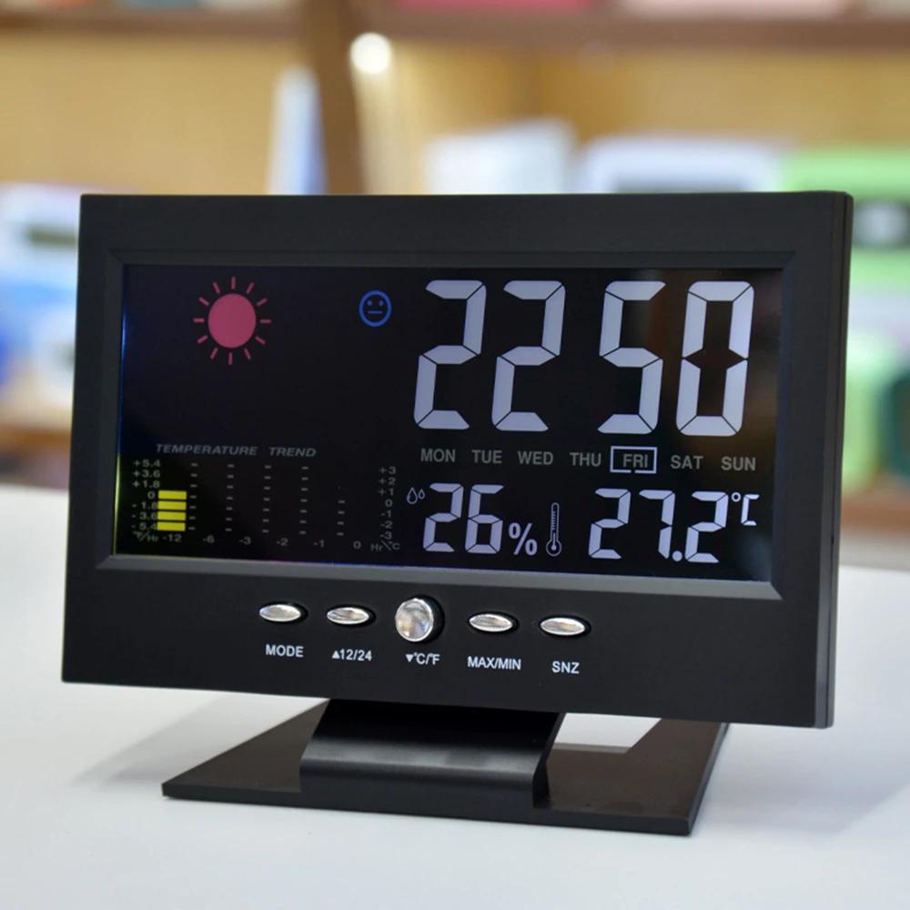 

Large Screen Electronic Alarm Clock LED Weather Display Temperature Humidity Monitor Voice Control Home Timepiece Decor Gifts чёрный