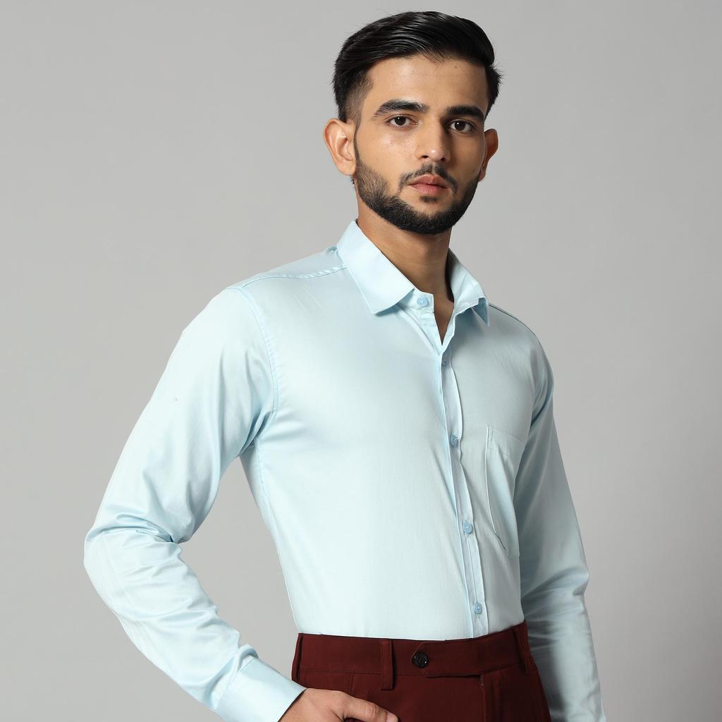 Eisblaues formelles Langarmhemd aus Baumwollsatin für Herren – 90 % gekämmte Baumwolle, 10 % Satin
