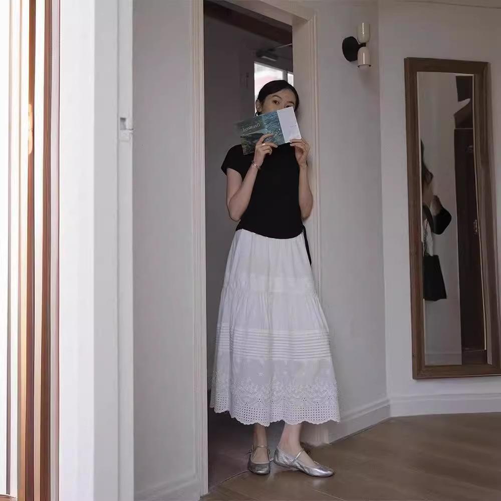 French White Lace High-waist Skirt WoMan's Summer Thin Drape Mid-length A-line Umbrella Skirt