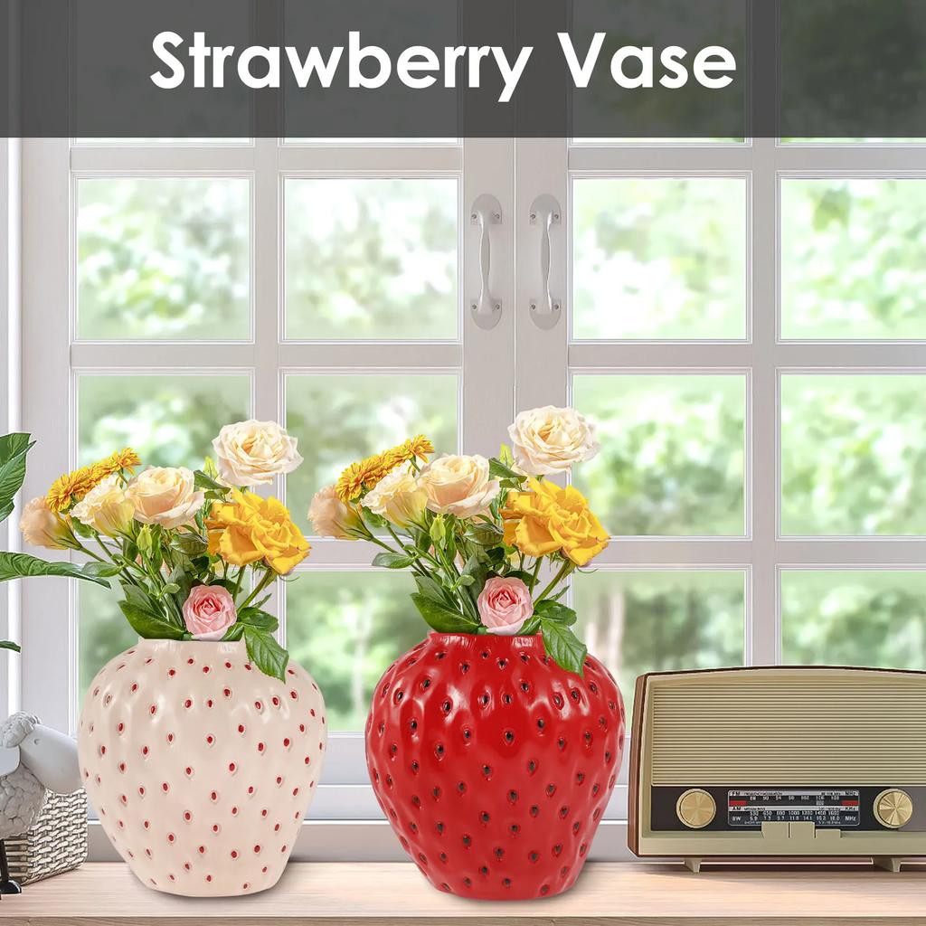 Strawberry Vase 12×10.5×12cm Decorative Strawberry Shaped Planter Resin Strawberry Shaped Planter Pot Cute Fruit Vase Ornament