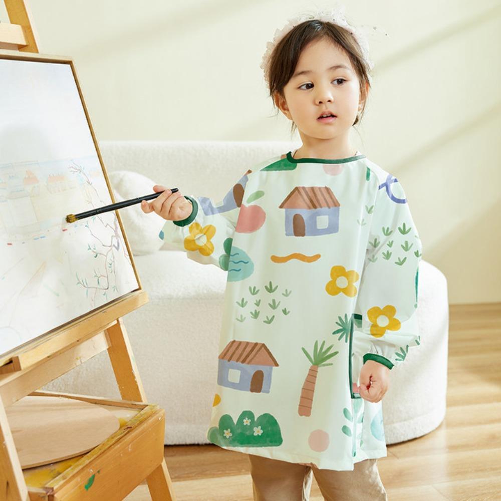 Kids Waterproof Apron Rabbit Print Long-Sleeve Stain-Resistant Art Smock for Boys Girls Bibs Easy Clean Children Painting Aprons