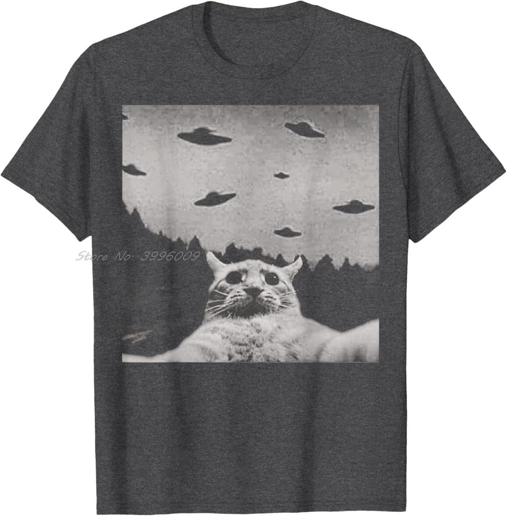 Camiseta Alien Cat UFO Clássica gola o Preta Adulto Camisetas Para Mulheres Moda Verão Camiseta de Algodão Casual Camisetas Roupas Masculinas