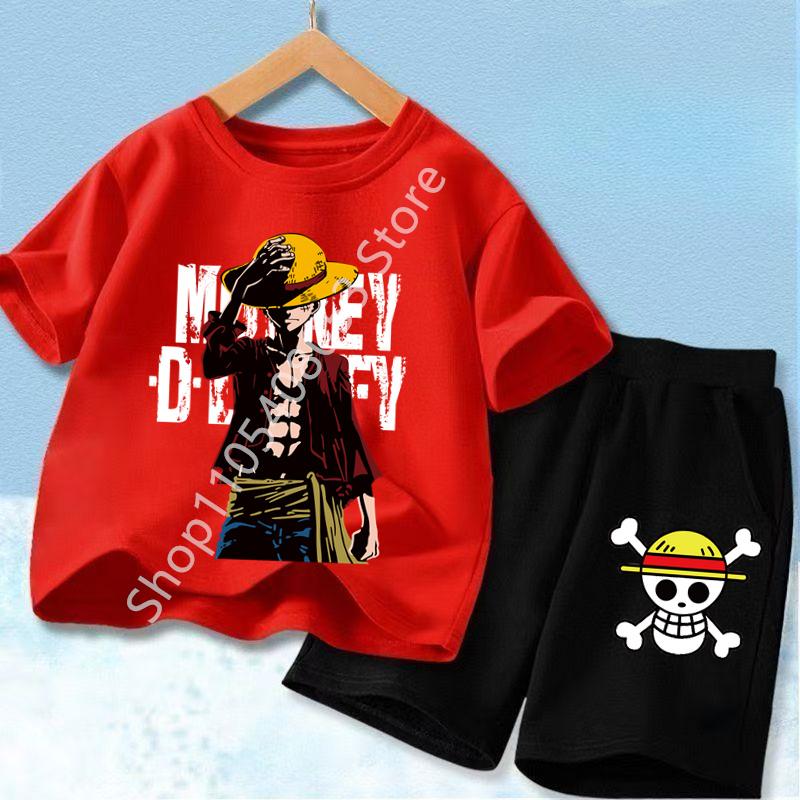 Summer Children Short Sleeve Clothes Set Anime Boy Girl T Shirt Shorts 2pcs One Piece Kids Outfit Chopper Luffy Tracksuit Suit