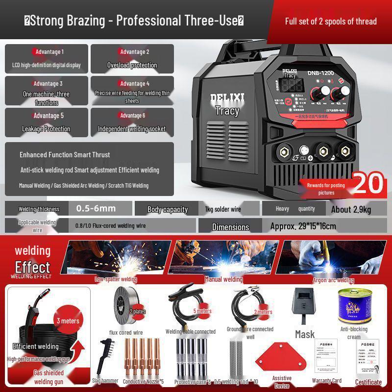 Delixi 220V Gasless MIG Welder 1200: Three-in-One Household Industrial Electric Welding Kit