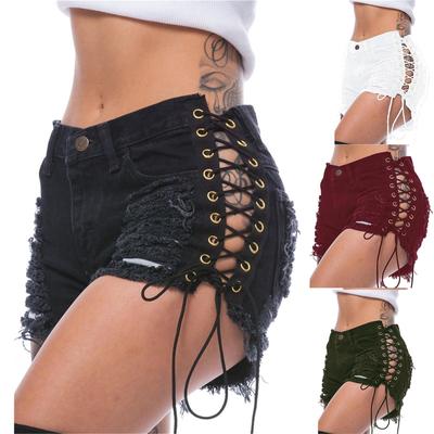 (Qunide) Women's Sexy Hot Pants Ripped Sexy Street Cut Low Top Denim Shorts Side Side Tether Mini Pants Denim Shorts