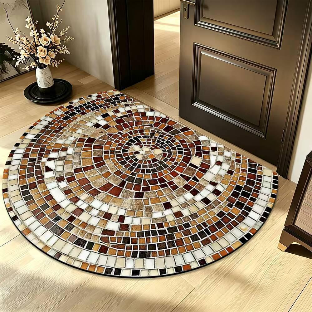 American Floral Tile Semicircle Anti-Slip Entrance Mat - Quick Dry, Water Absorbent Bathroom Floor Mat