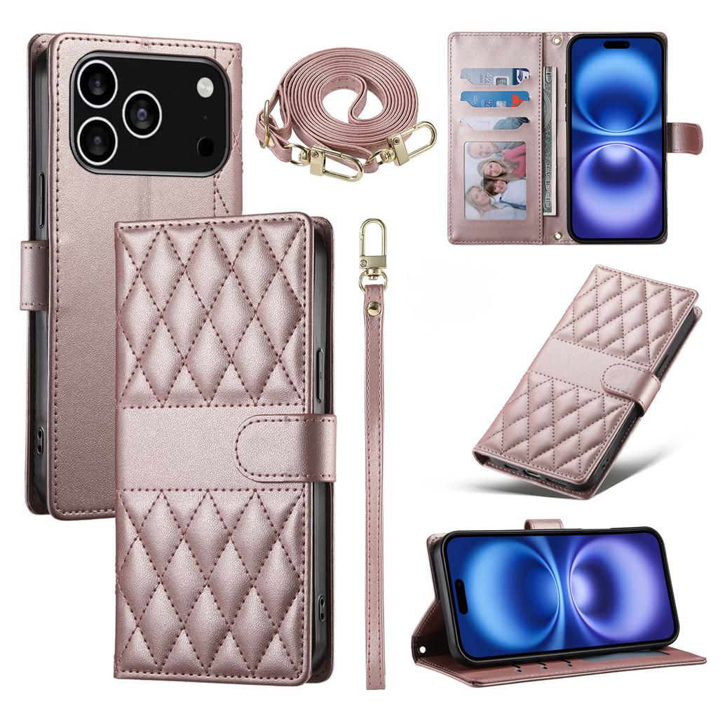 For iPhone 17 Pro Case Rhombus Stitching Wallet Stand Leather Phone Cover with Long/Short Strap