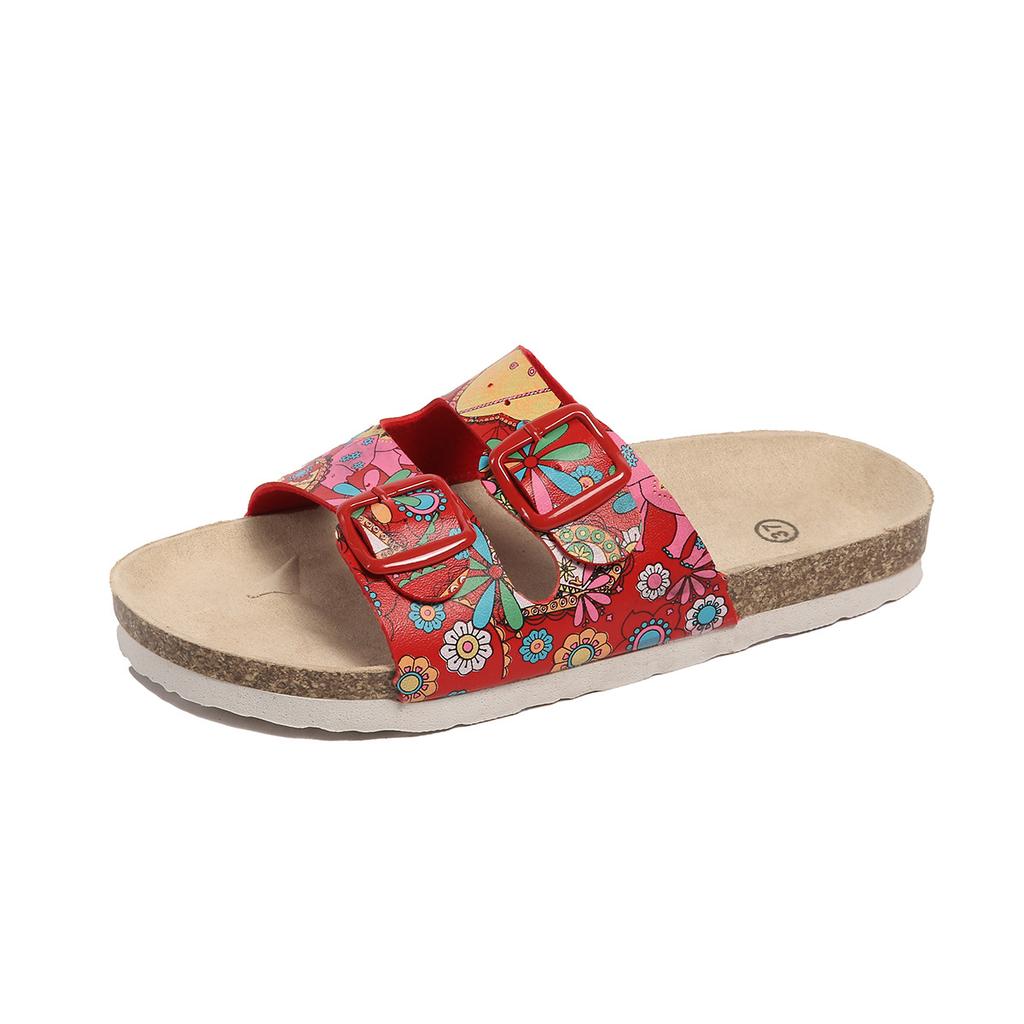22 summer new round head Boken flat-bottomed slippers retro printing beach buckle sandals large size