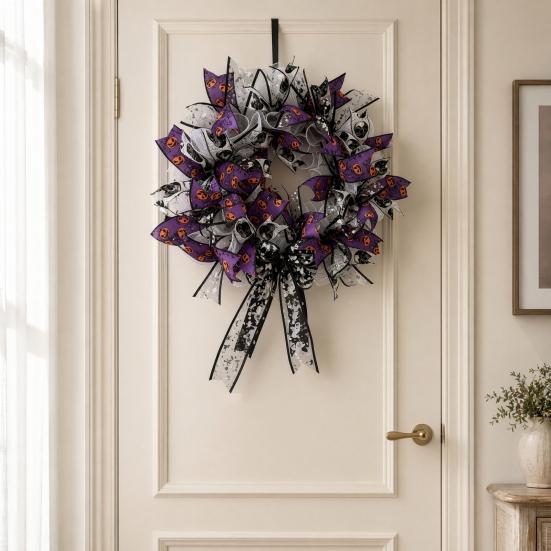 Theme Halloween Decor Mesh Ribbon Wreath for Front Door, Spooky Skull Pumpkin with Bow, Purple Black Stripe Decorative Garland Doors Walls Windows