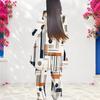 Women Plus Size Round Neck Three Quarter Sleeve Geometric Printed Layered Top Long Pants Two Piece Set