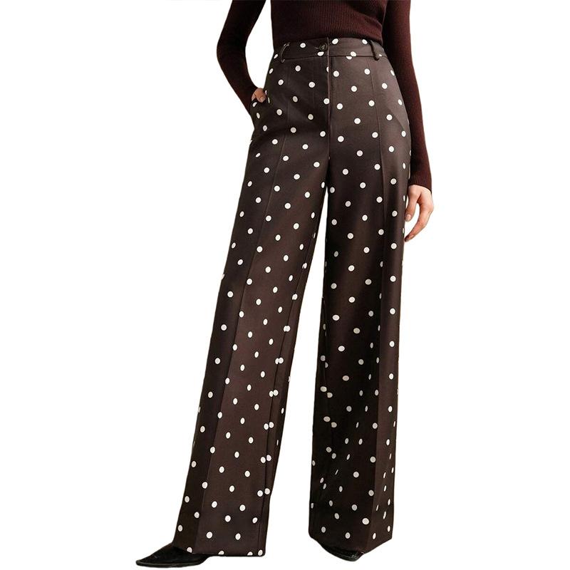 Women's High Waist Wide Leg Pants with Polka Dot Pattern and Button Detail in Multiple Colors
