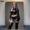 Fată Pin-Up Retro în Ținută de Piele Neagră Semn Metalic de Tablă Decor Artă de Perete din Aluminiu Plat Vintage pentru Bar Man Cave
