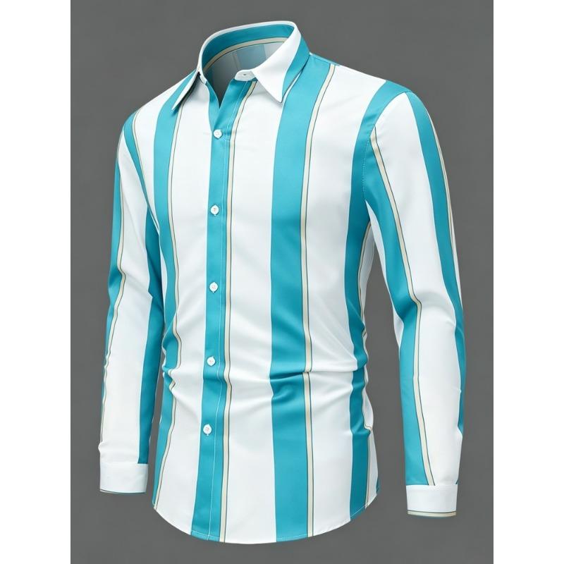 Men's Olive Green Vertical Striped Long Sleeved Shirt with Collar, European and American Business Daily Casual Versatile Top