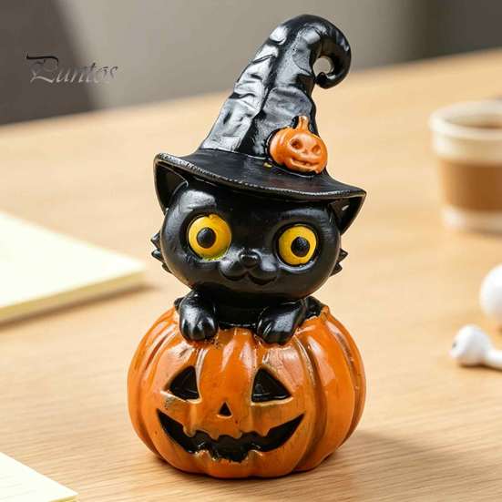 Creative Gift for Halloween Lovers Black Cat & Pumpkin Resin Ornaments, Cute Desktop Figurines, Artistic Craft Collectibles Cartoon And Statue