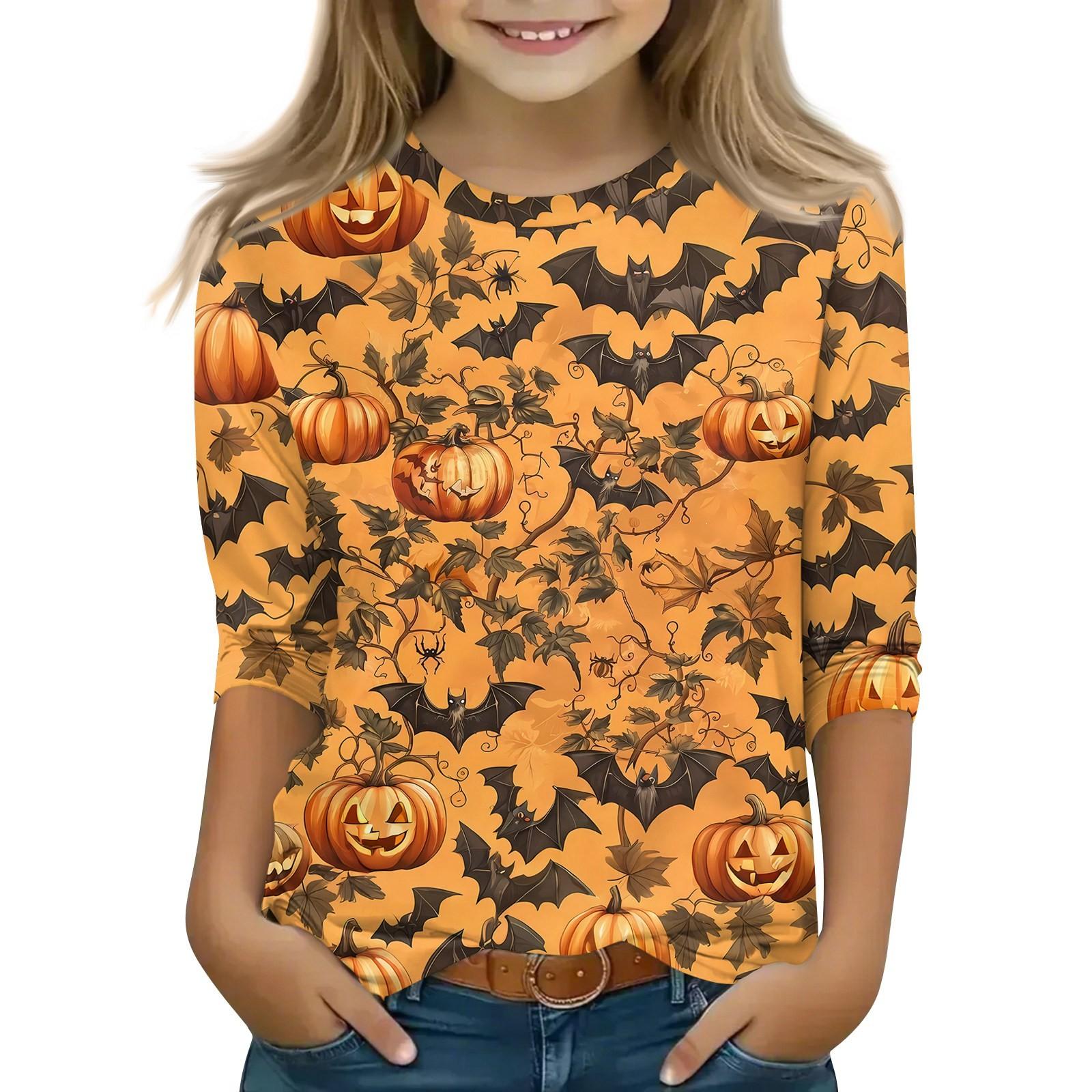 

Детские топы с рукавом 3/4, повседневная футболка с принтом на Хэллоуин, пуловер-блузка с круглым вырезом 130 оранжевый