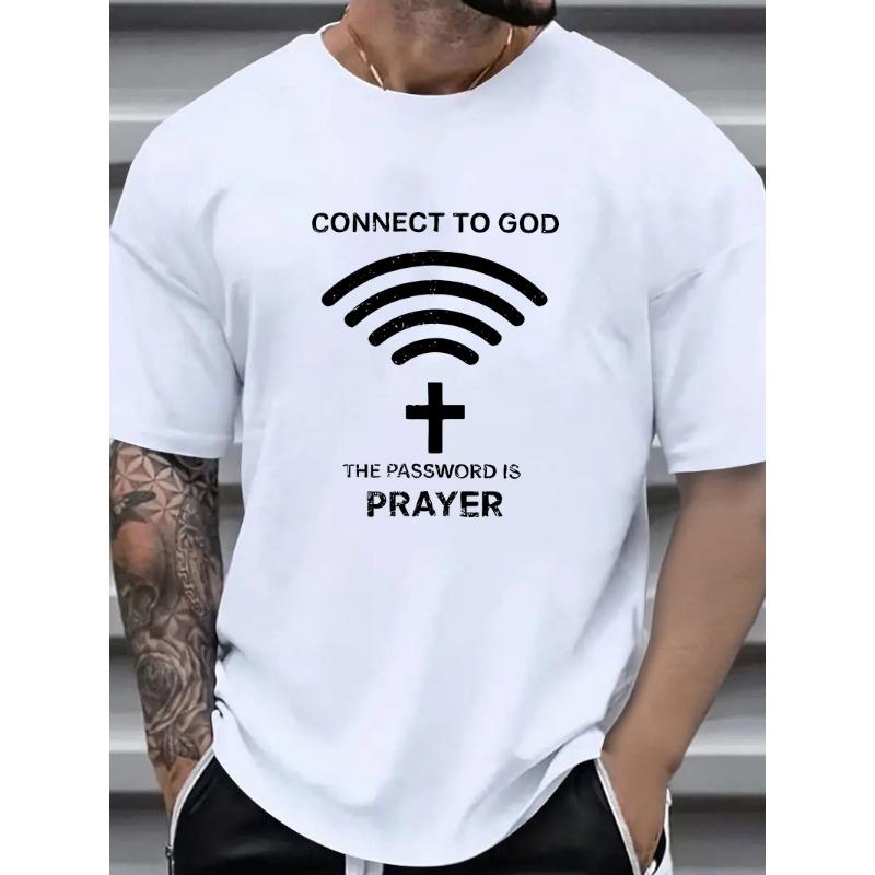 

European sizes The Key to Connecting with God Is Prayer, Stylish Casual Plus-Size Slogan Print Men S T-Shirt, Plus Size 4XL білий