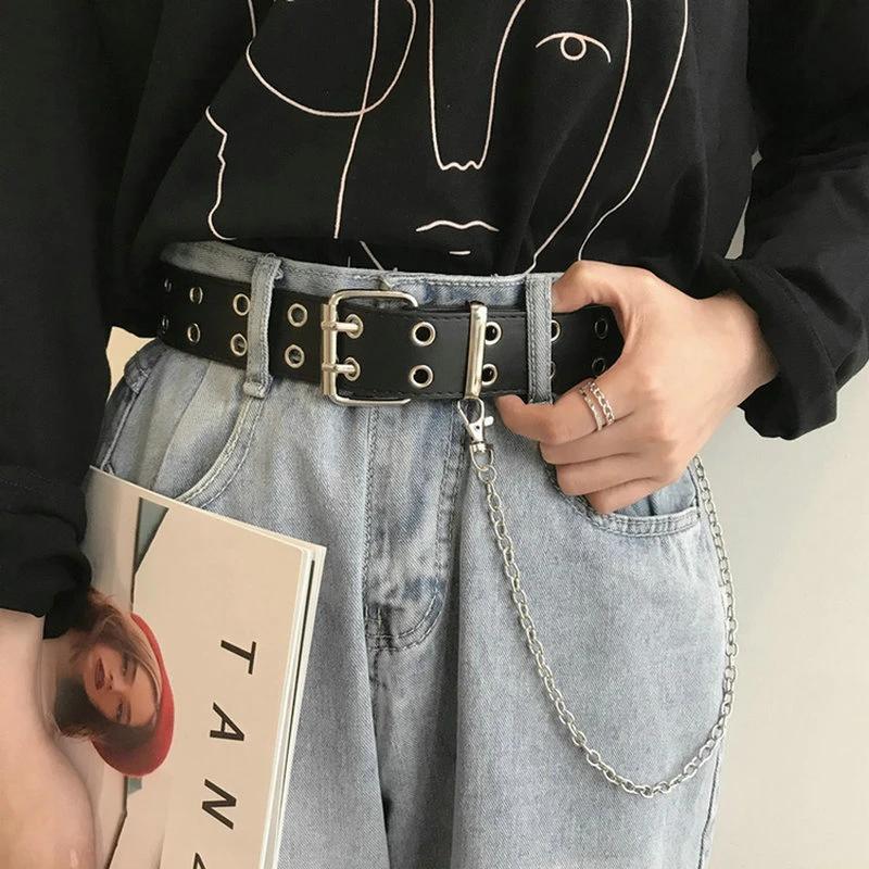 Women Double Ring Belts Double Hole Eyelet Grommet Leather Buckle Punk Pin Belt Leisure Dress Jeans Gothic Waistband