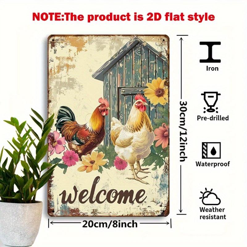 

Vintage Rooster and Hen Welcome Metal Sign Rustic Farmhouse Wall Decor D Printed Iron Plaque xcm for PorchGarden 20x30cm（7.8x11.8inch）