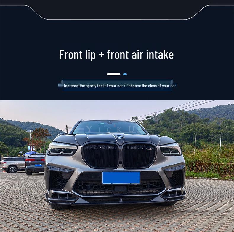 BMW X5M F95 Carbon Fiber Body Kit: Front Lip Splitter, Rear Lip, Side Skirts, Wind Deflectors, Tail Wing with Lights.