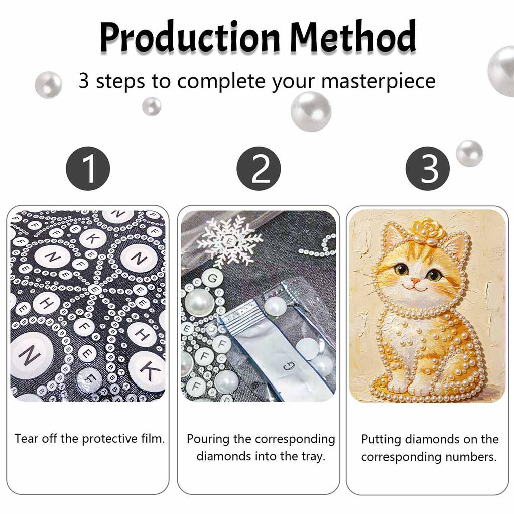 DIY Frameless Pearl Painting Kit Cute Cat 3D Shiny Bead Art Canvas Relaxing Creative Craft for Home Wall Decor Gift