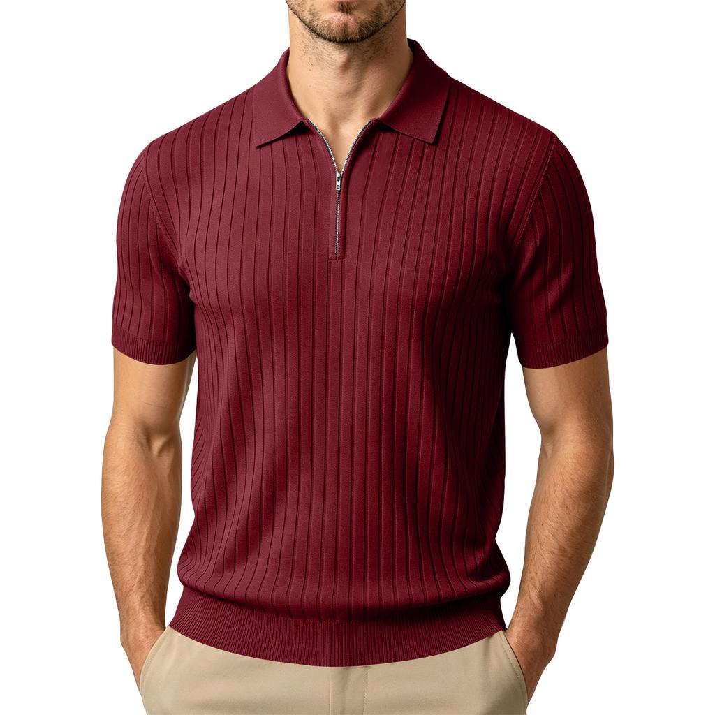 Men's Summer Short Sleeve Polo Shirt Ribbed Knit Half Zip Collar Casual Lightweight Breathable Pullover Top for Everyday Wear