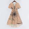 Women’s V Neck Short Sleeve Floral Print Midi Dress with Wrap Waist Tie and Flowing Hem for Casual or Daily Wear