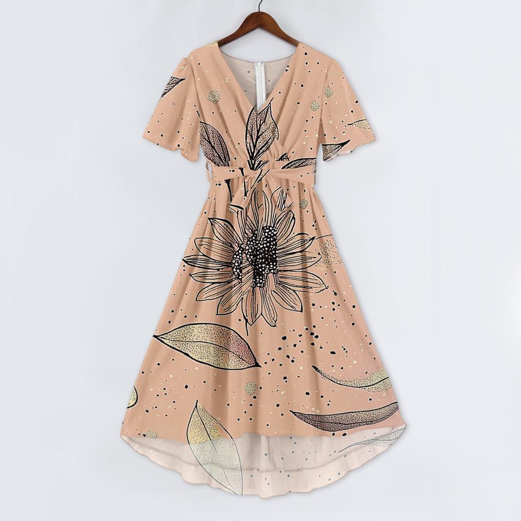 Women’s V Neck Short Sleeve Floral Print Midi Dress with Wrap Waist Tie and Flowing Hem for Casual or Daily Wear