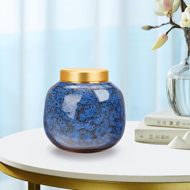 Mini Urn, Memorial Urn, Screw-Mounted, Ceramic Urn for Keeping Ashes, Pet Urn for Dogs and Cats, Large Capacity, Waterproof, Blue