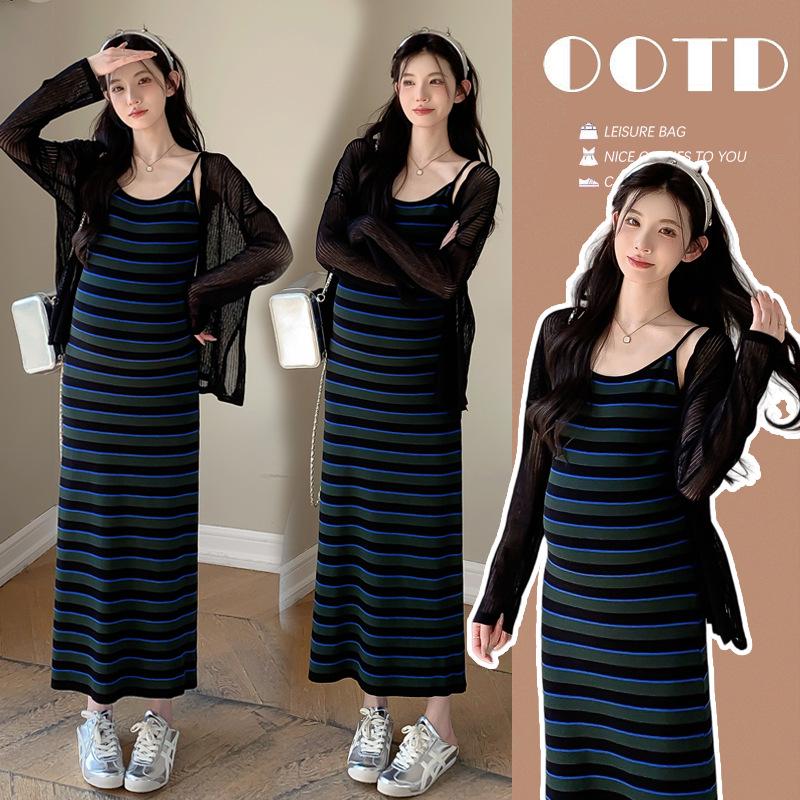 2026 Spring Maternity Striped Knit Camisole Dress & Cardigan Set L