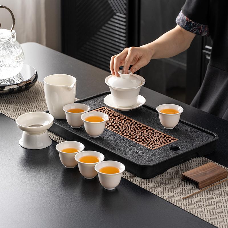 High-grade suet jade white porcelain ink bowl cover kung fu tea set gift box, a complete set of bowl cover ceramic souvenirs