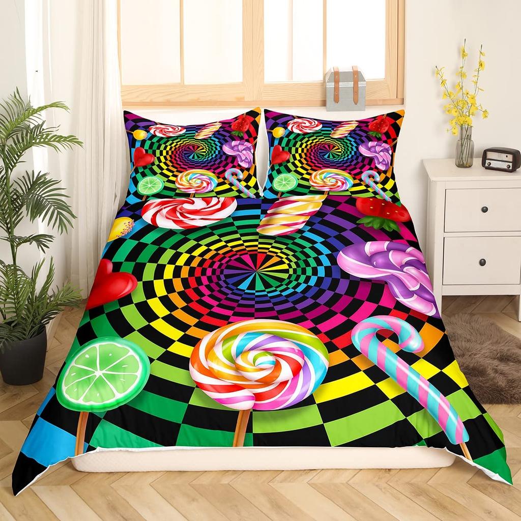 Rainbow Lollipop Duvet Cover for Kids Boys Girls Queen Lightweight Quilt Covers Sweet Themed Bedding Set Room Decor No Comforter