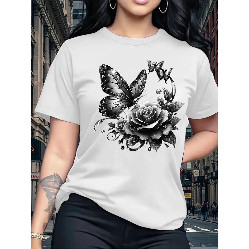 Damen Übergröße Rundhals Kurzarm T-Shirt Elegantes Lila Rose Schwarz Schmetterlingsdruck Lässiges Oberteil Urlaubsgeschenk