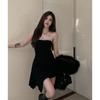 Womens Elegant Black Strapless Rhinestone Asymmetrical Hem Mini Dress