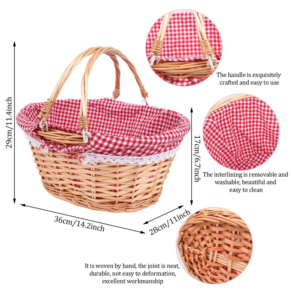 Coș de picnic din răchită cu mânere duble pliabile, coș de picnic din salcie